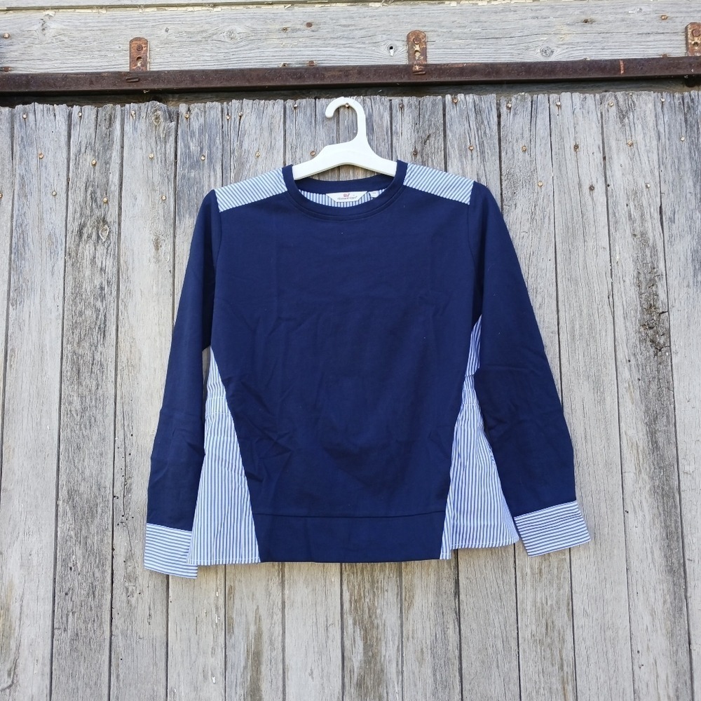 Vineyard Vines Mixed Media Knit Top Blue Stripe Womens  XS Tie Back Long‎ Sleeve